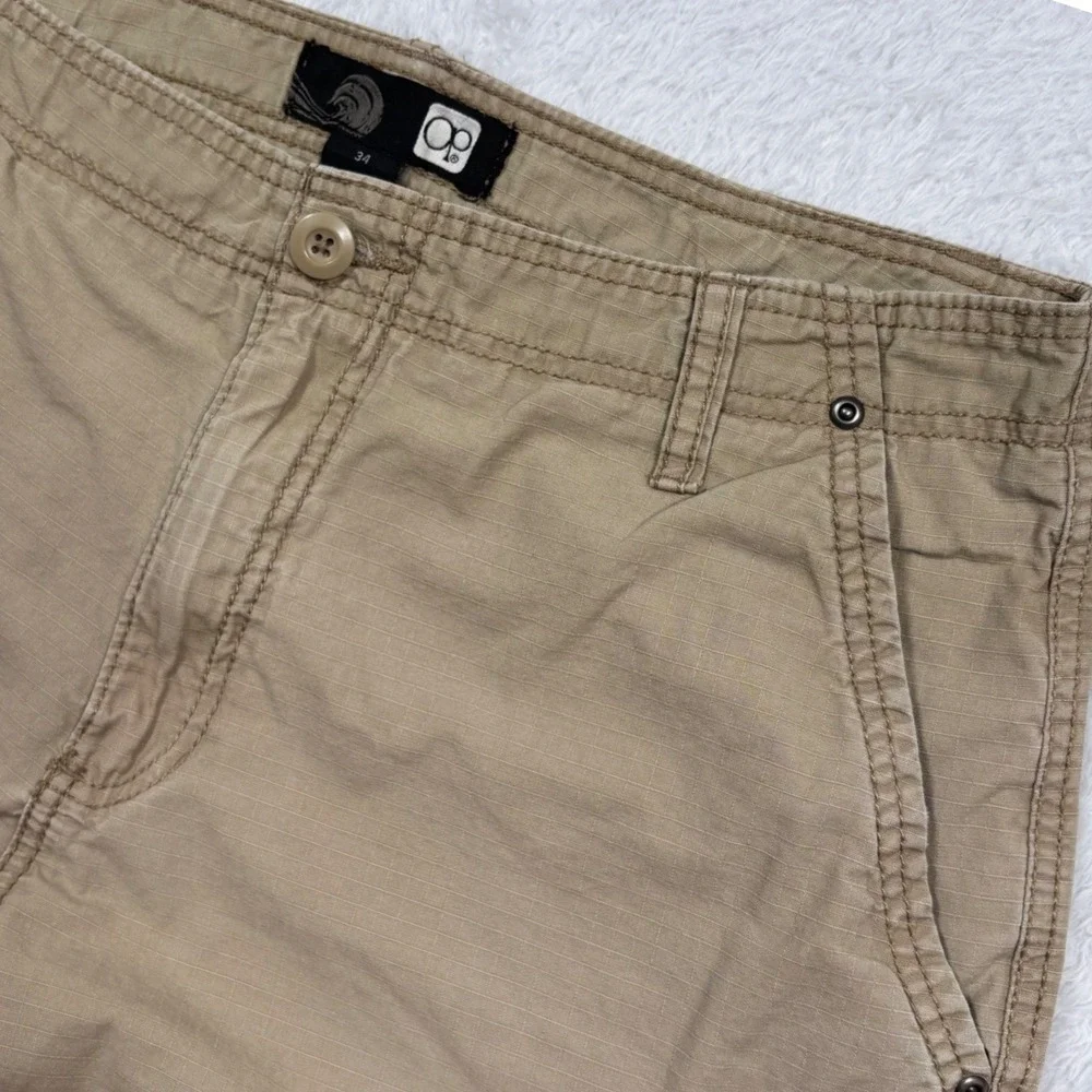 Y2K OP Cargo Shorts Mens‎ 34 Sand Khaki Ripstop Cotton Multi Pocket Street Surf